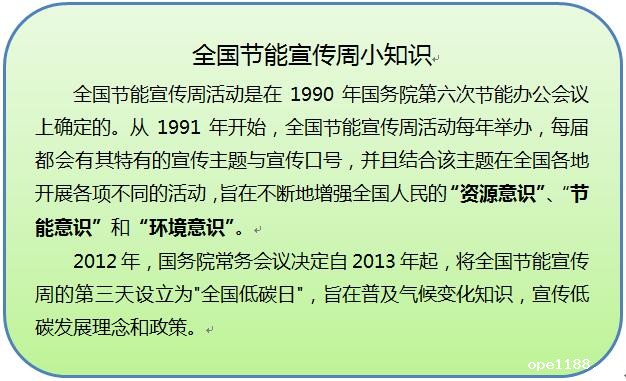 圆角矩形: 全国节能宣传周小知识全国节能宣传周活动是在1990年国务院第六次节能办公会议上确定的。从1991年开始,全国节能宣传周活动每年举办,每届都会有其特有的宣传主题与宣传口号,并且结合该主题在全国各地开展各项不同的活动,旨在不断地增强全国人民的“资源意识”、“节能意识”和“环境意识”。2012年,国务院常务会议决定自2013年起,将全国节能宣传周的第三天设立为